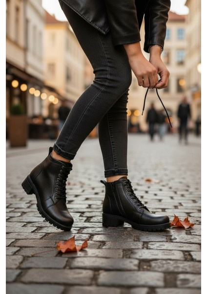 Modesa Hakiki Deri Siyah Fermuarlı&bağcıklı Kadın Bot