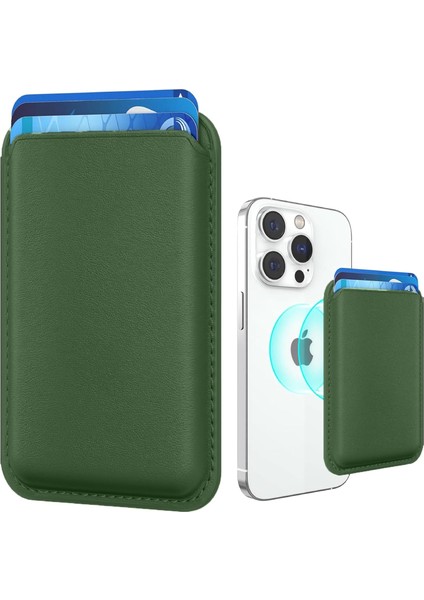 ile Uyumlu Magsafe Özellikli Deri Cüzdan 15 Pro Max/15 Plus/15 Pro/15, 14 Pro Max/14 Plus/14 Pro/14, 13 Pro Max/13 Pro/13, 12 Pro Max/12 Pro/12 (Koyu Yeşil)