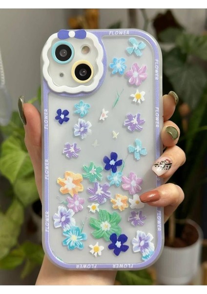 Go Aksesuar 13 ve 14 ile Uyumlu Lila Çiçekler Baskılı Kamera Korumalı Kılıf