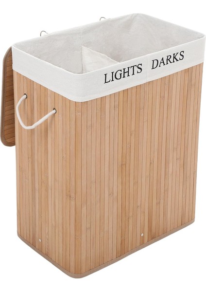 Bambu Çamaşır Sepeti, 100 L Çamaşır Ayırıcı, 2 Bölmeli, Çamaşır Torbalı Katlanabilir Çamaşır Sepeti, Dikdörtgen Çamaşır Kutusu, 52 x 63 x 32 Cm, Renk, LCB64Y