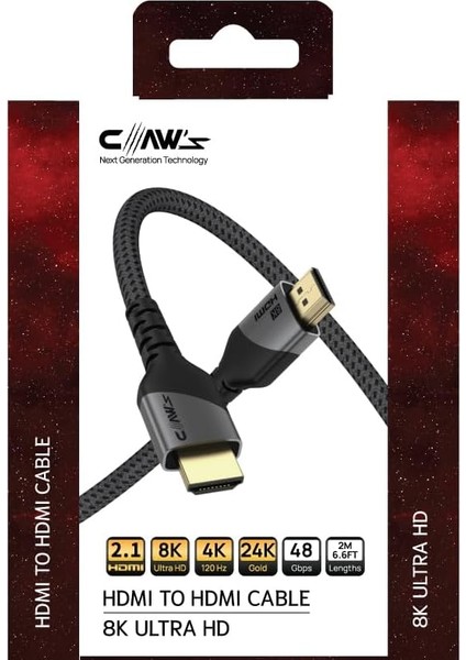 8k UHD HDMI 2.1 48 Gbps / 24K / Gövdeli 8k 60Hz-4K 120Hz-2K 240HZ-FHD 240Hz Destekli 2 Metre Premium HDMI Kablo(C-Hp-B1)