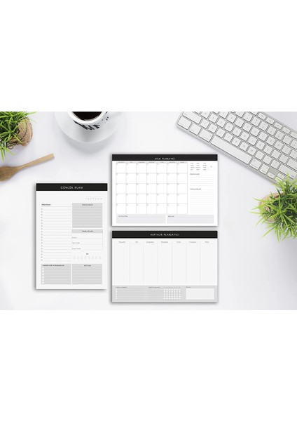 Tanıtım 3&apos;lü Masaüstü Planlayıcı Set Siyah Kenarlı (Günlük, Haftalık, Aylık Planlayıcı)