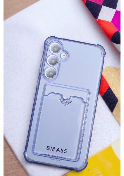 Galaxy A55 Kılıf Kartlıklı Köşe Koruma Tasarımlı Renkli Şeffaf G-Kart Kılıf (Lila)