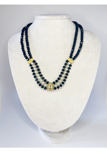 Lacivert Kristal ve Inci Detaylı Kolye fiyatları