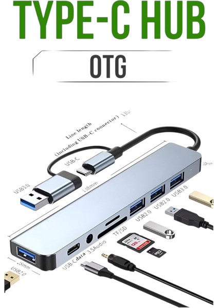 Type-C Hub Otg 8’i 1 Arada HDMI USB 3.0 Sd Tf Kart Okuyucu Dönüştürücü Adaptör