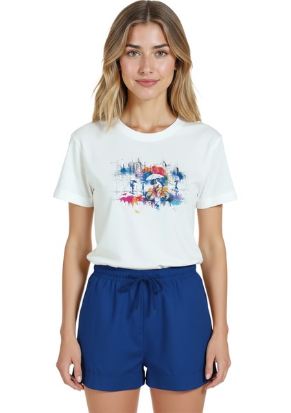 Kadın Beyaz Relaxed Fit %100 Pamuk Tişört – Şehir Bisikletçi Suluboya Baskılı