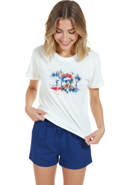 Kadın Beyaz Relaxed Fit %100 Pamuk Tişört – Şehir Bisikletçi Suluboya Baskılı modelleri