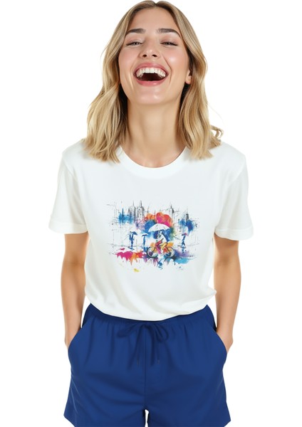 Kadın Beyaz Relaxed Fit %100 Pamuk Tişört – Şehir Bisikletçi Suluboya Baskılı indirimleri