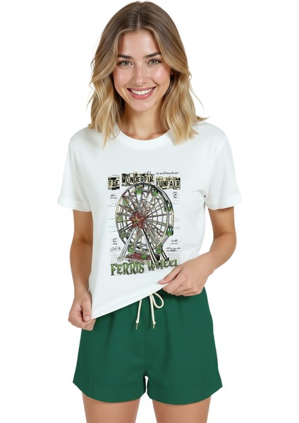 Kadın Beyaz Relaxed Fit %100 Pamuk Tişört – Suluboya Dönme Dolap Baskılı fırsatları