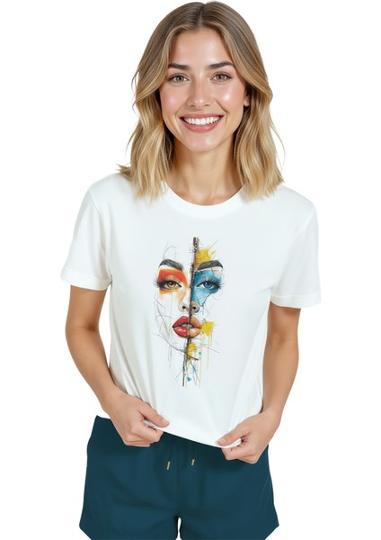 Kadın Beyaz Relaxed Fit %100 Pamuk Tişört – Bölünmüş Renkli Portre Baskılı modelleri