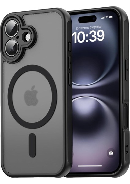 16 Plus ile Uyumlu Mattcover Serisi Arkası Mat Polikarbonat Kenarları Silikon ve Köşeleri Güçlendirilmiş Kamera Korumalı Ince Silikon Kılıf (Manyetik, 16 Plus)