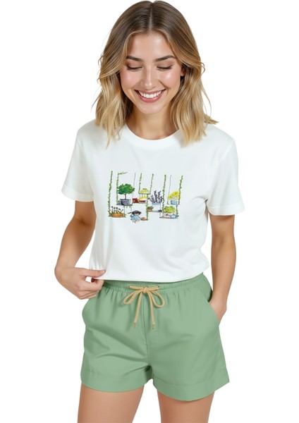 Kadın Beyaz Relaxed Fit %100 Pamuk Tişört – Suluboya Saksı Bitkiler Baskılı fırsatları