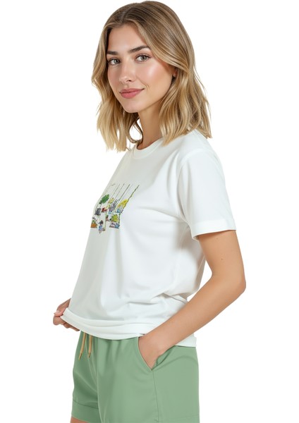 Kadın Beyaz Relaxed Fit %100 Pamuk Tişört – Suluboya Saksı Bitkiler Baskılı indirimleri