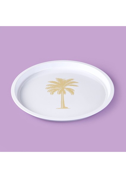 Palm Desenli Yuvarlak Tepsi - Krem / Kahverengi - 24X24 cm