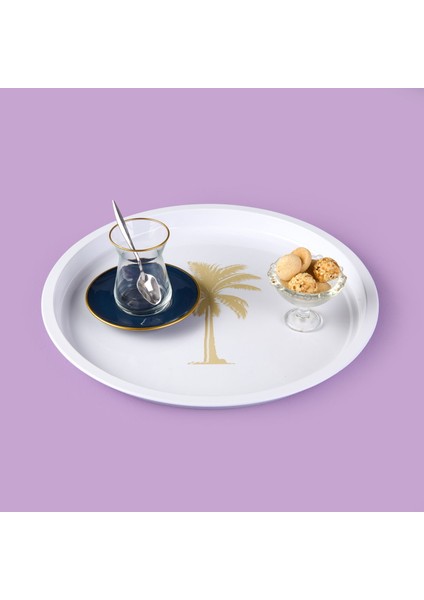 Palm Desenli Yuvarlak Tepsi - Krem / Kahverengi - 24X24 cm fiyatları