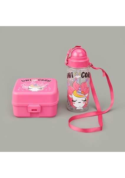 Leya Kız Çocuk Matara ve Beslenme Kutusu Seti - Pembe - 1 Lt + 500 ml