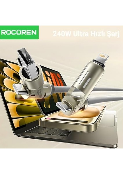 240W 4&apos;ü 1 Arada Type-C/usb-A/lightning Gri Silikon Şarj ve Data Kablosu 1.2 Metre modelleri