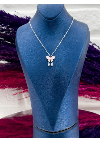 925 Ayar Gümüş Pembe Mineli Kelebek Modeli Zarif Kadın Kolye