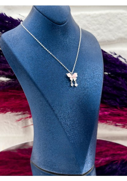 925 Ayar Gümüş Pembe Mineli Kelebek Modeli Zarif Kadın Kolye fiyatları