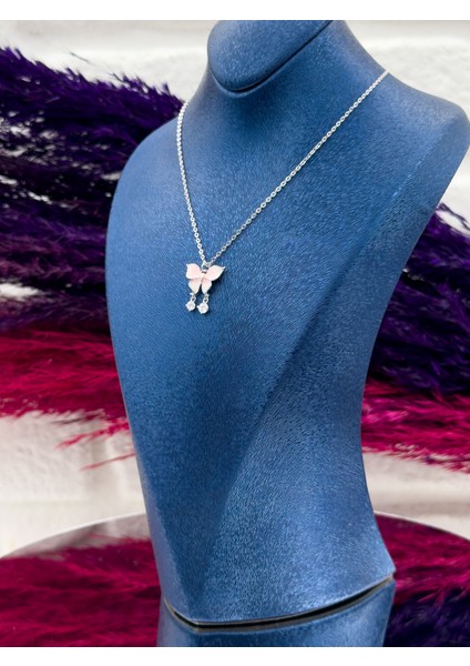 925 Ayar Gümüş Pembe Mineli Kelebek Modeli Zarif Kadın Kolye modelleri