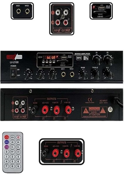 LV-2100 Hat Trafolu 2 Bölgeli Anfi 2X100W, USB ve Bağlantı