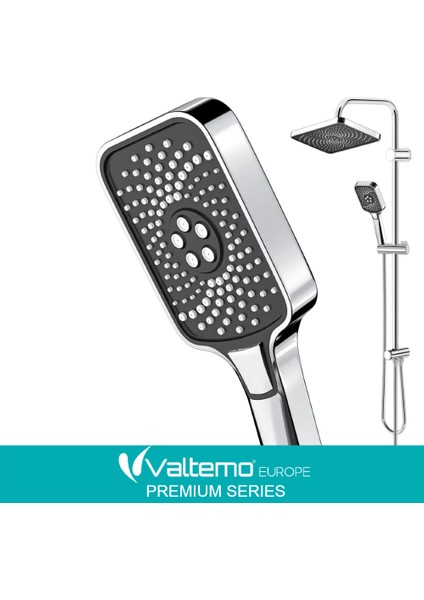 | Valtemo Premium Seri Büyük Boy Yağmurlama Duş Seti - Neoflex Pvc Hortumlu - Butonlu Sistem
