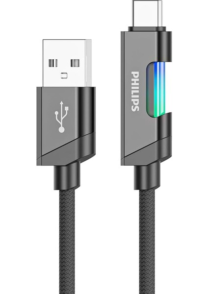 DLC5021A Usb-A - Type-C Şarj Kablosu, Hızlı Şarj, 3A Yüksek Akım, 1 Metre, Dayanıklı Örgü Kablo, Çok Renkli Işık (Siyah)