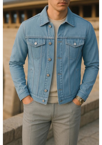 Erkek Mevsimlik Slim Fit Trend Klasik B.mavi Kot Ceket