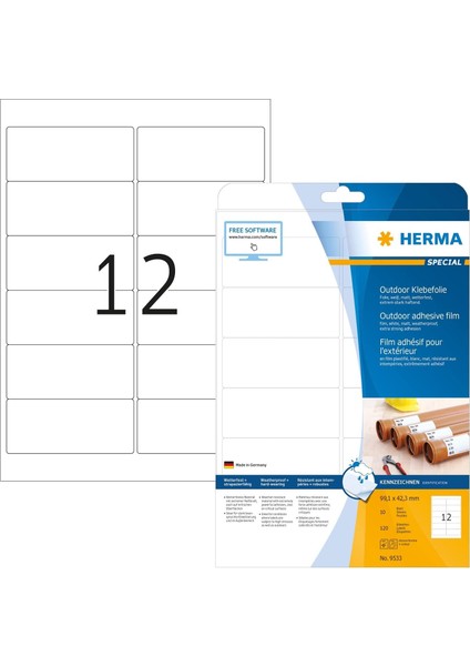 9533 Folyo Etiketleri, 10 Yaprak, 99,1 x 42,3 Mm, A4 Başına 12, 120 Adet, Kendinden Yapışkanlı, Mat, Boş Dış Mekan Yapışkan Etiketleri, Polietilen