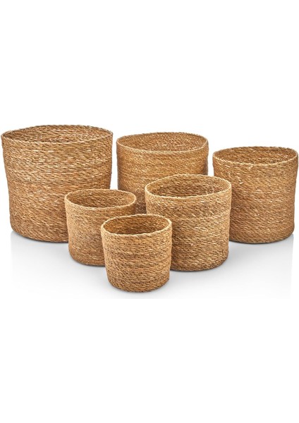 6&apos;lı El Yapımı Yuvarlak Hasır Düzenleyici Saksı Seti | 6 Adet Hasır Yuvarlak Organizer Saksılık Dekoratif, Çok Amaçlı ve Dayanıklı Sepetler 6 Farklı Boy