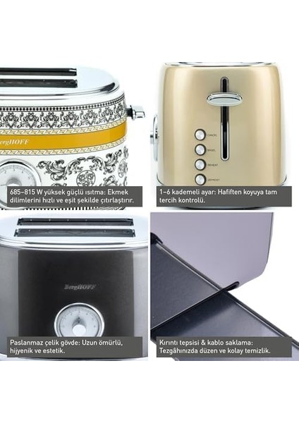 Gem Metallic 2 Dilim Ekmek Kızartma Makinesi – 815 W, Paslanmaz Çelik Gövde | Gri modelleri