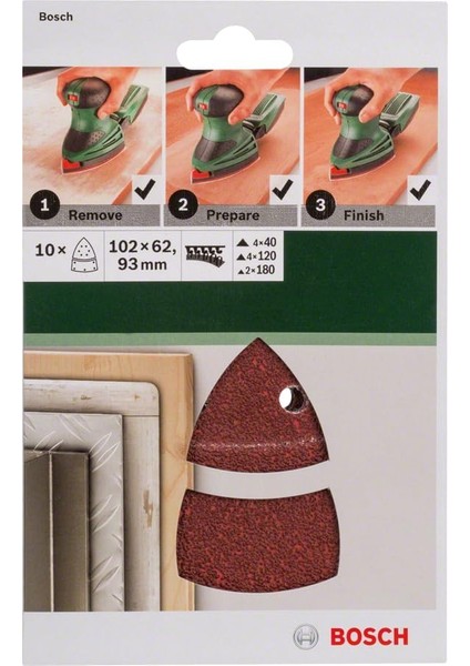 - Multi Zımpara Kağıdı 10&apos;lu Set, 102 x 62/93 mm 40/120/180 Kum 11 Delik modelleri