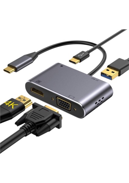 Type-C HDMI VGA USB 3.0 Çoklu Dönüştürücü Adaptör 4K Görüntü ve Veri Aktarım Hub