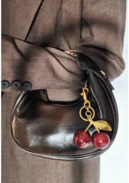Kiraz Charm Hediyeli Kadın Mini Acı Kahve El ve Omuz Çantası modelleri