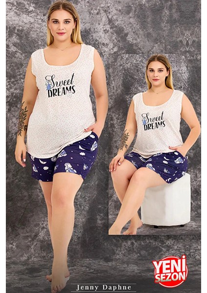 Lady Büyük Beden Gece Desenli Kısa Kollu Kollar Dantelli Şortlu Pijama Takımı