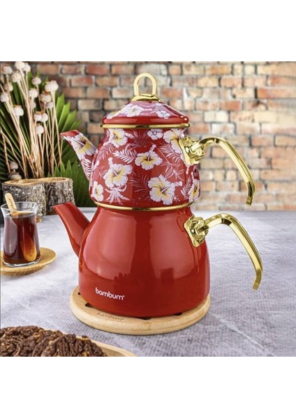 Summer Desenli Kilitli Kapaklı Emaye Demlik