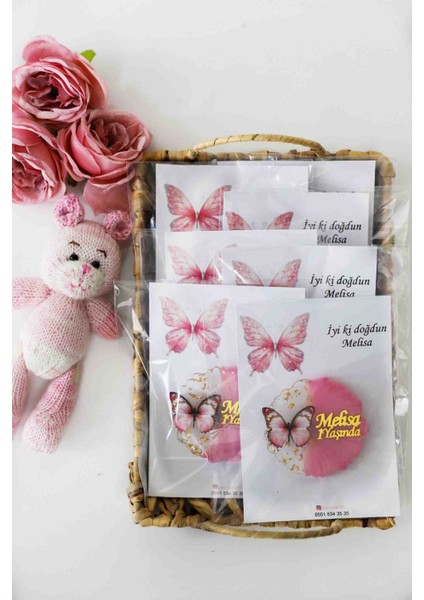 Pembe Kelebek Figürlü Kişiye Özel Kız Çocuk Doğum Günü Epoksi Magnet 20 Adet