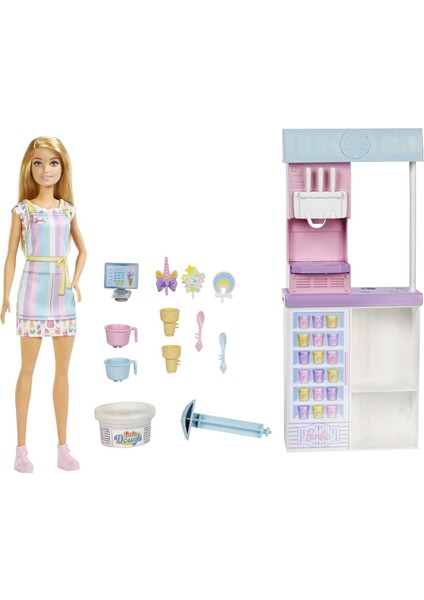 Dondurma Dükkanı Oyun Seti Dondurma Dükkanı Oyun Seti, 30 cm Sarışın Bebek, Dondurma Yapabilme Özelliği ve Gerçeğe Uygun Oyun Aksesuarları HCN46
