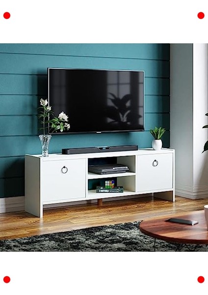 Kapaklı Raflı Modern Beyaz Tv Ünitesi Sehpası