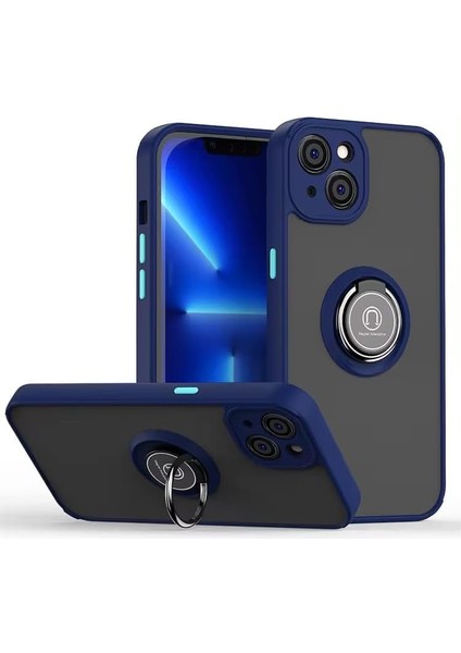 Aksesuar 15 ile Uyumlu Arka Kısmı Mat Şeffaf Yapıya Sahip Manyetik Yüzük Kenarları Silikon Tpu Malzemeden Üretilmiş Renkli Tuşlara Sahip Kamera Korumalı Transparan Kılıf (Lacivert)