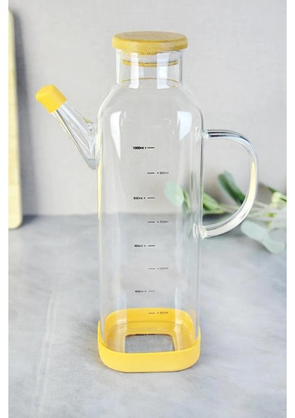 1000 ml Bambu Kapaklı Borosilikat Cam Kare Yağlık