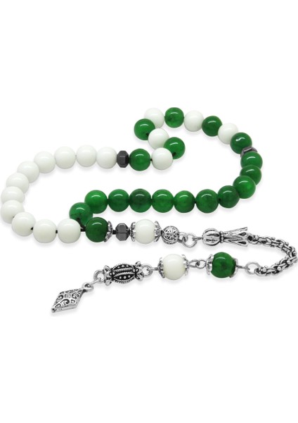 Kararmaz Metal Arnavut Zincir Püsküllü Küre Kesim Yeşil Beyaz Jade Doğaltaş Taraftar Tesbih M2