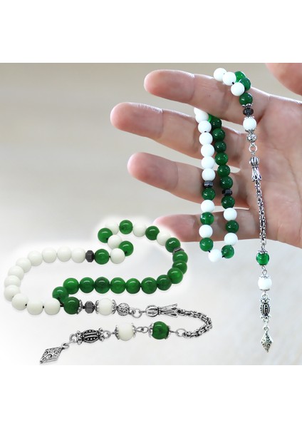 Kararmaz Metal Arnavut Zincir Püsküllü Küre Kesim Yeşil Beyaz Jade Doğaltaş Taraftar Tesbih M2 fiyatları