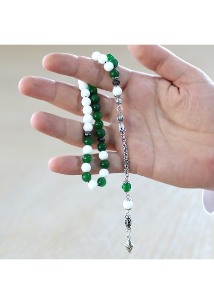 Kararmaz Metal Arnavut Zincir Püsküllü Küre Kesim Yeşil Beyaz Jade Doğaltaş Taraftar Tesbih M2 fırsatları