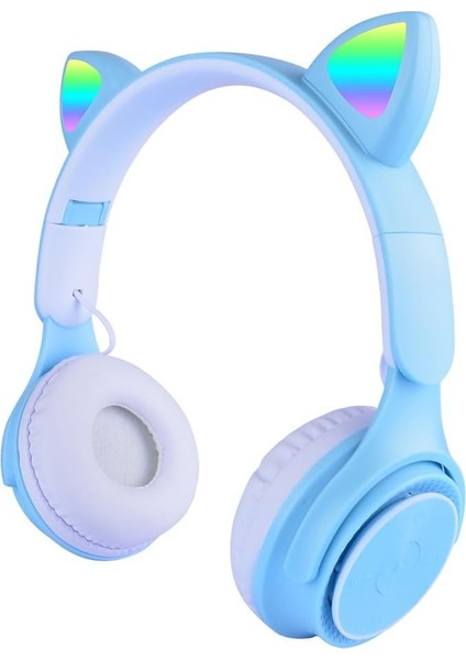 M6 Pro Cat Rgb LED Işıklı Kedi Kulağı Band Tasarımlı Ayarlanabilir ve Katlanabilir Kulak Üstü Bluetooth Kulaklık Mavi