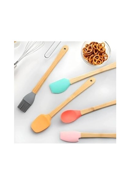 5&apos;li Renkli Bambu Saplı Silikon Uçlu Spatula Fırçalı Kaşık Seti modelleri
