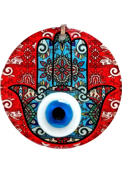 Ananın Bereket Eli Desenli Nazar Boncuklu Kırmızı Duvar Süsü
