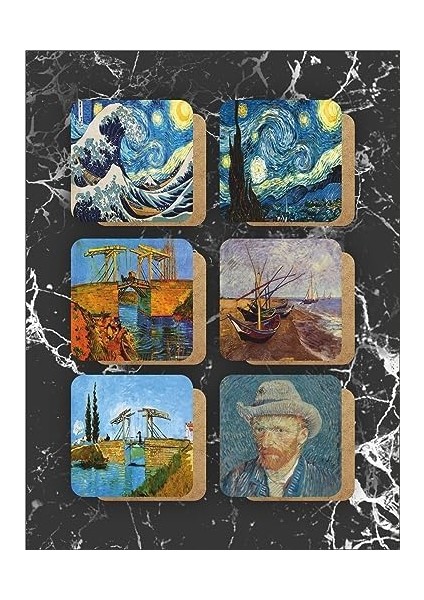 Van Gogh Temalı Ahşap Altlığı Ahşap Baskılı Altlık 6&apos;lı Set (9 X9CM) KARBONNM14 modelleri