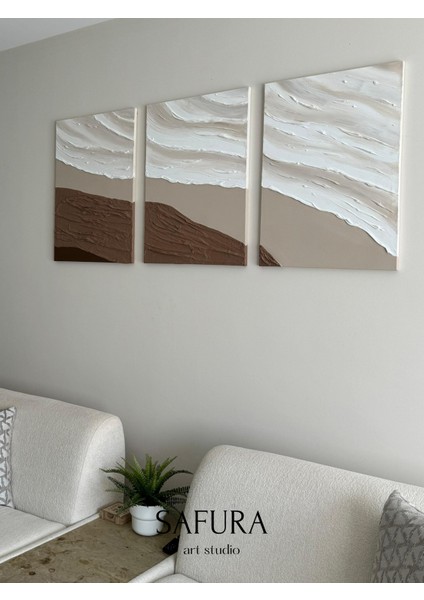 Dokulu Tablo – El Yapımı 3 Boyutlu Alçı Minimalist Doku, Modern Iskandinav Kabartmalı (Kumaş Dalga Kahverengi)