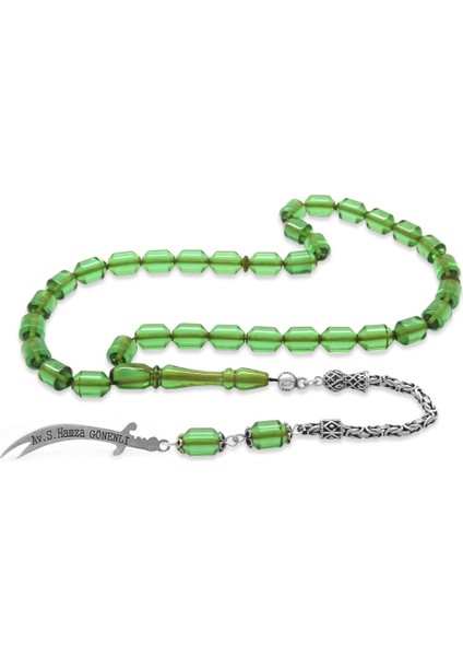 925 Ayar Gümüş Püsküllü Uçlu Kapsül Kesim Isme Özel Yazılı Su Yeşili Ateş Kehribar Tesbih